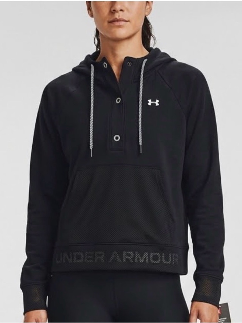 Under Armour Women Black Rival Fleece Mesh Henley Hoodie Sweatshirt Medium